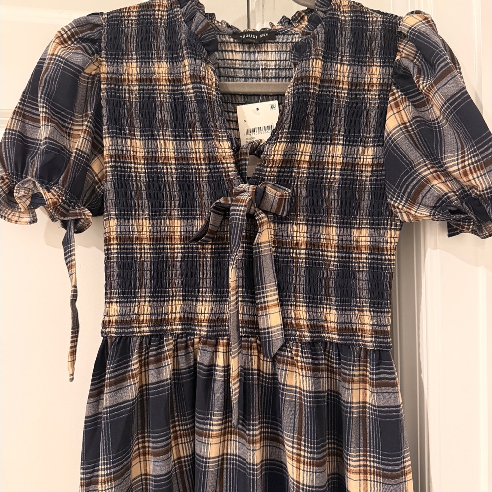 Duo of Navy & Tan Plaid Tie-Front Dress